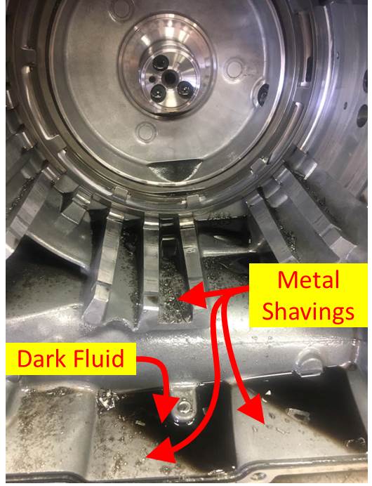 Transmission with burnt fluid and metal shavings